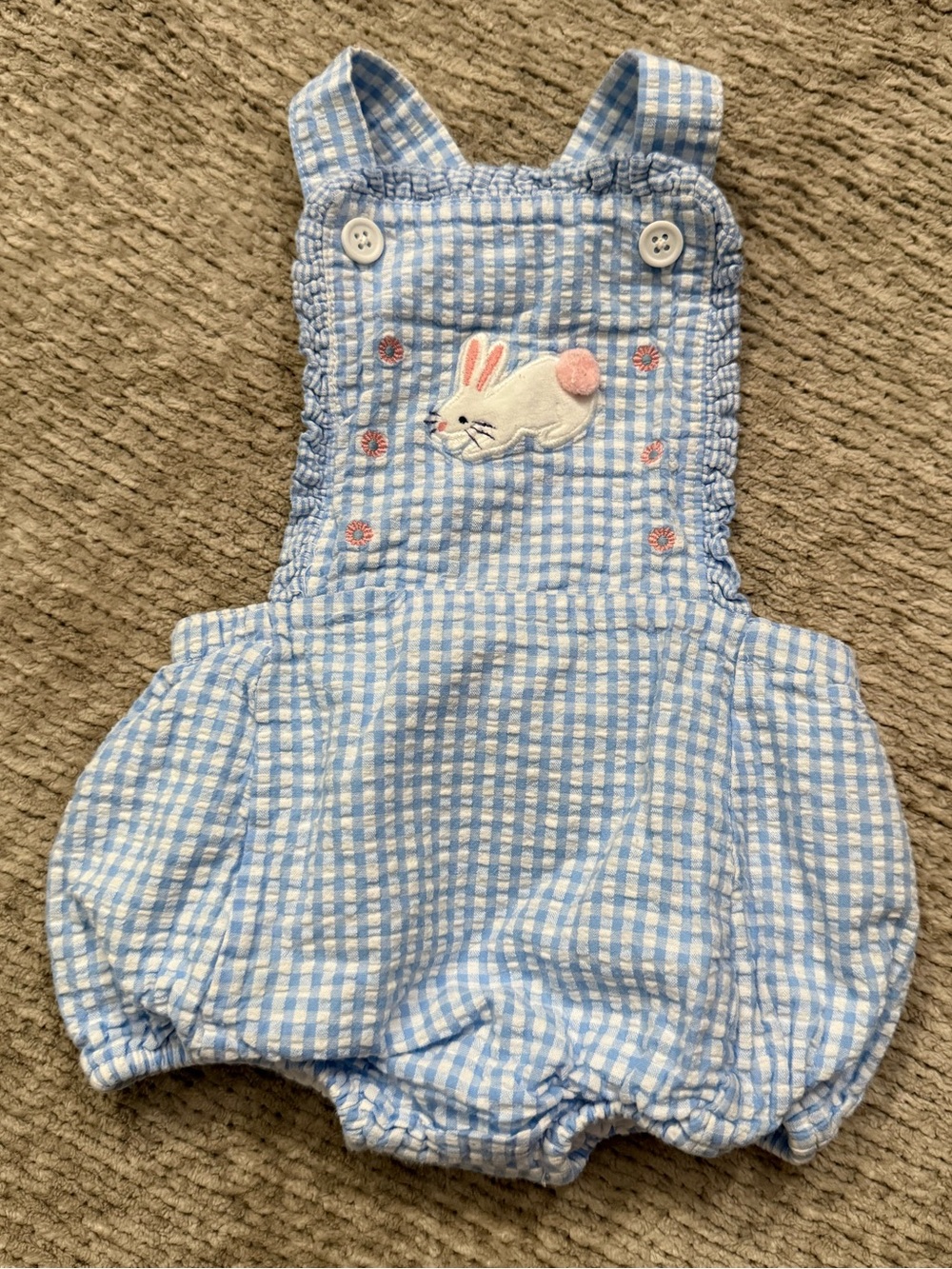 Baby Boden Bunny Gingham Seersucker Bubble Romper 0-3 Months Blue White